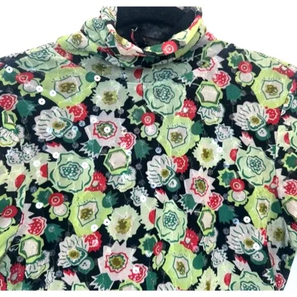 Cinq a Sept Sequin Embellished Shirred Mesh Turtleneck Top Long Sleeve Green S - Picture 6 of 8